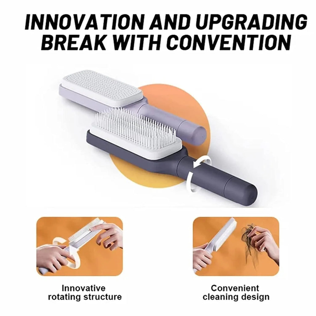 Purple self-cleaning hairbrush with rotating handle and anti-static massage comb teeth