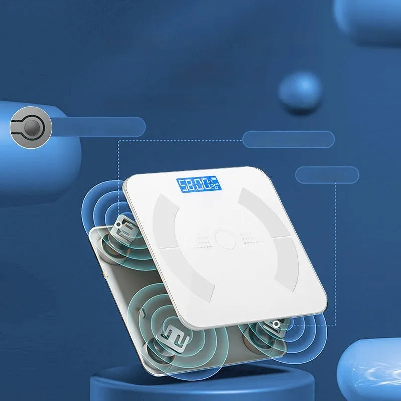 Smart Bluetooth rechargeable body fat scale in white, black, or pink colour on a bathroom floor.