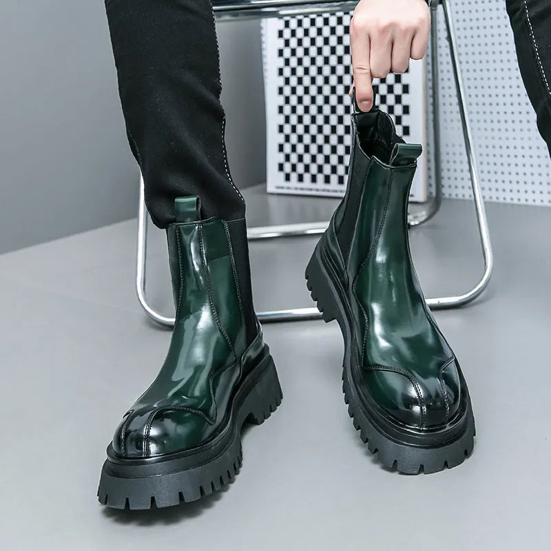 Men's glossy patent leather ankle boots with low square heel and sewing thread detail, black colour