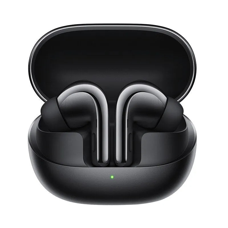 Black true wireless Bluetooth headset with active noise reduction and charging case