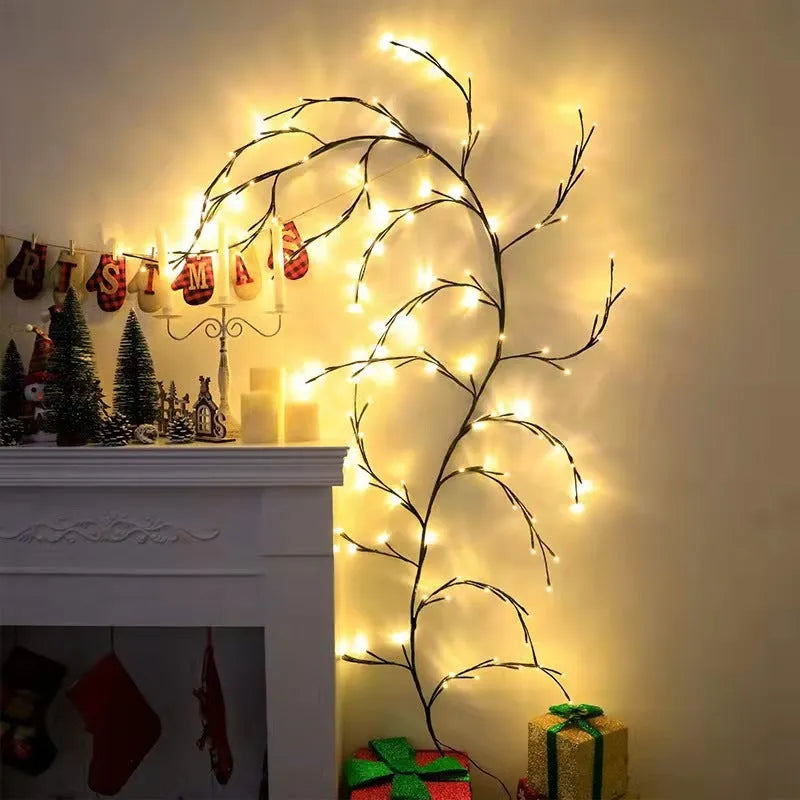 Flexible LED vine light garland with warm white lights on textured birch-bark branches, shaped decoratively.