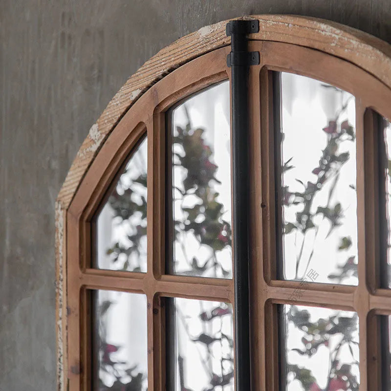 Terrace style distressed wooden frame wall mirror with log colour finish and glass panels