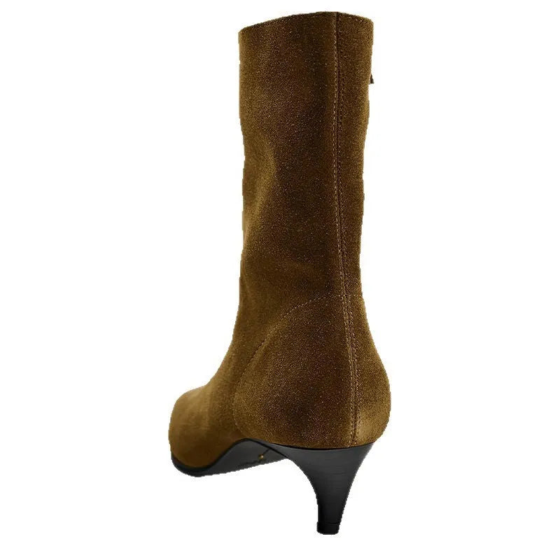 Brown square toe mid-calf boot with a side zip and a kitten stiletto heel on a white background.