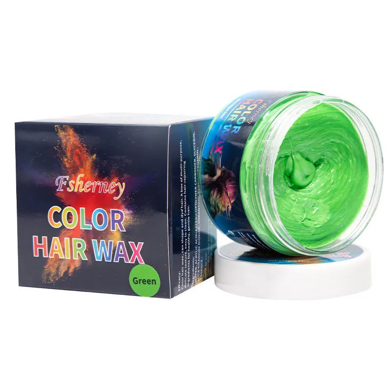 120g jar of hair styling clay showing colour options: blue, green, orange, red, white, yellow, purple, rose, granny grey.