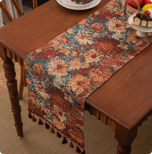 European retro style long sideboard table flag with handwoven tassels in a blue ginkgo leaf pattern