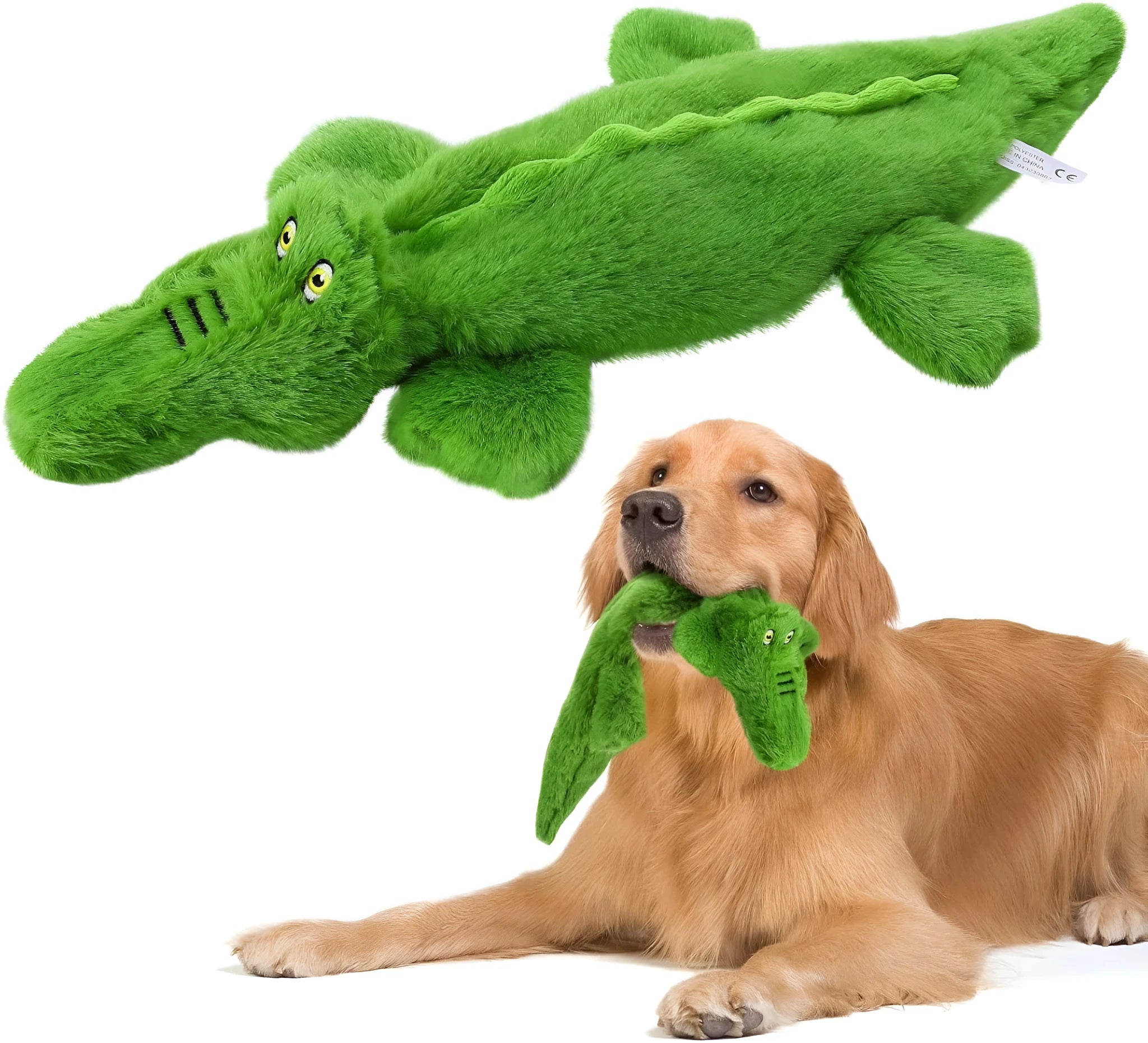 Green crocodile plush dog toy with stuffing-free design for aggressive chewers measuring 20cm