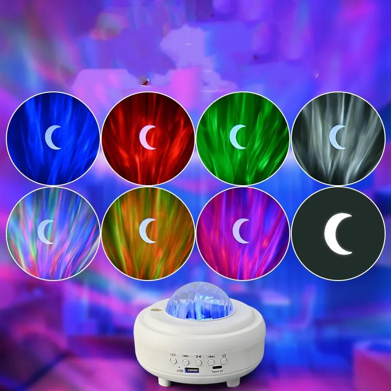 White Bluetooth galaxy star projector night lamp showing starry sky projection on a wall.