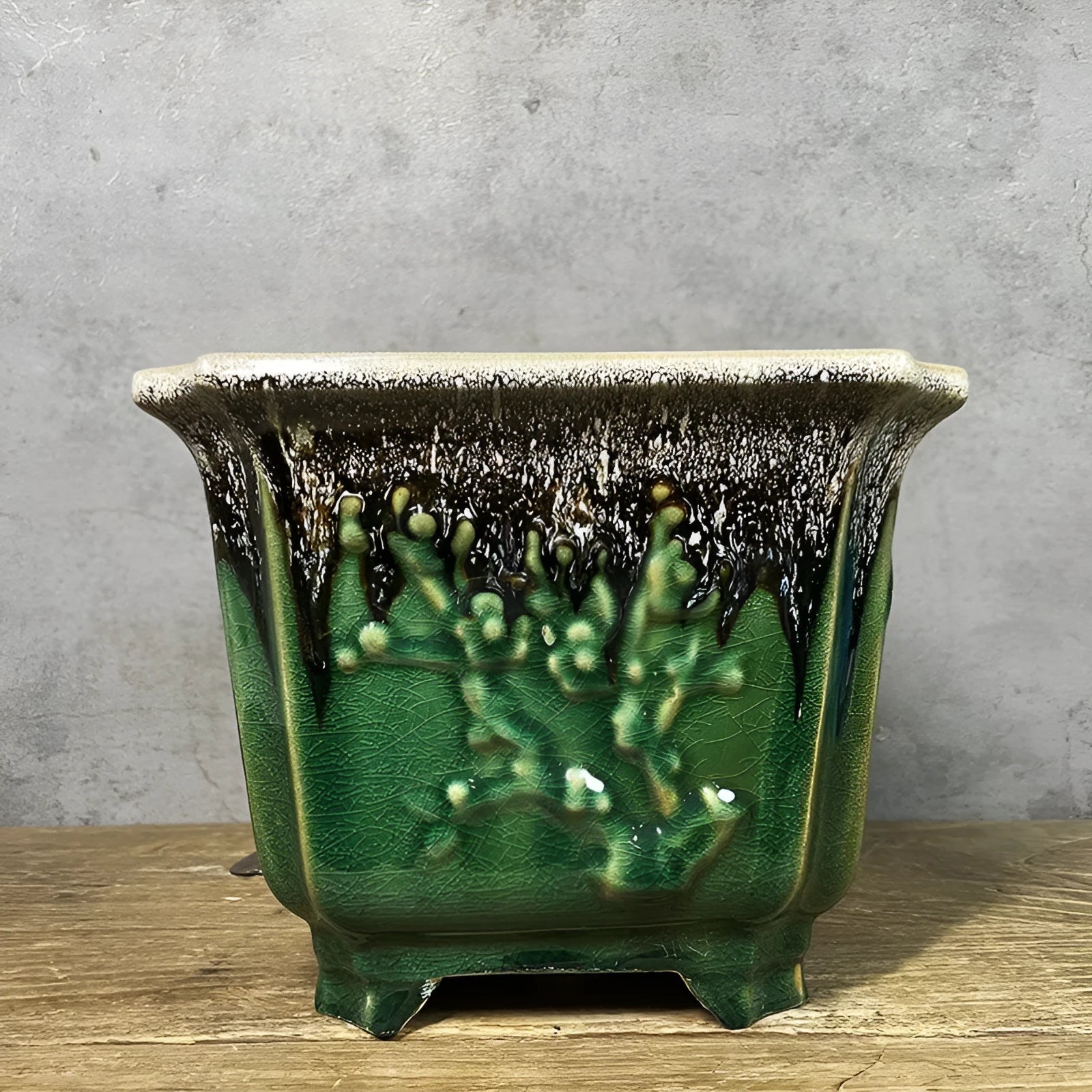 Square ceramic stoneware flower pot with decal pattern 22cm caliber green glaze change finish