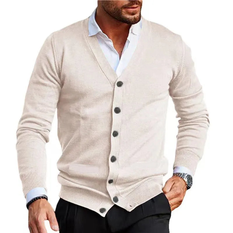 Men's slim fit acrylic cardigan sweater in autumn colours on a hanger