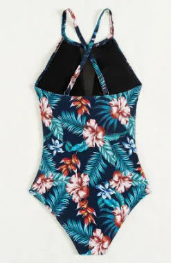 Women's deep V-neck one-piece swimsuit in a solid colour, gradient, or print pattern.