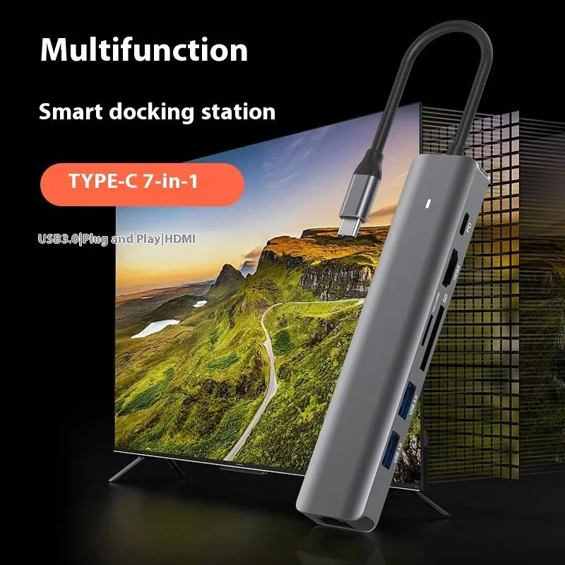 LQT-LH07 7-in-1 USB-C card reader and PD computer hub showing custom logo area.