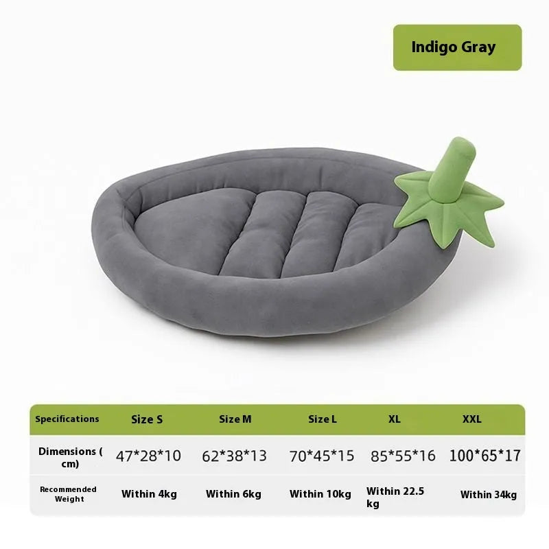 Removable cloth dog bed mat shown in purple, with S M L XL XXL size labels and weight recommendations.
