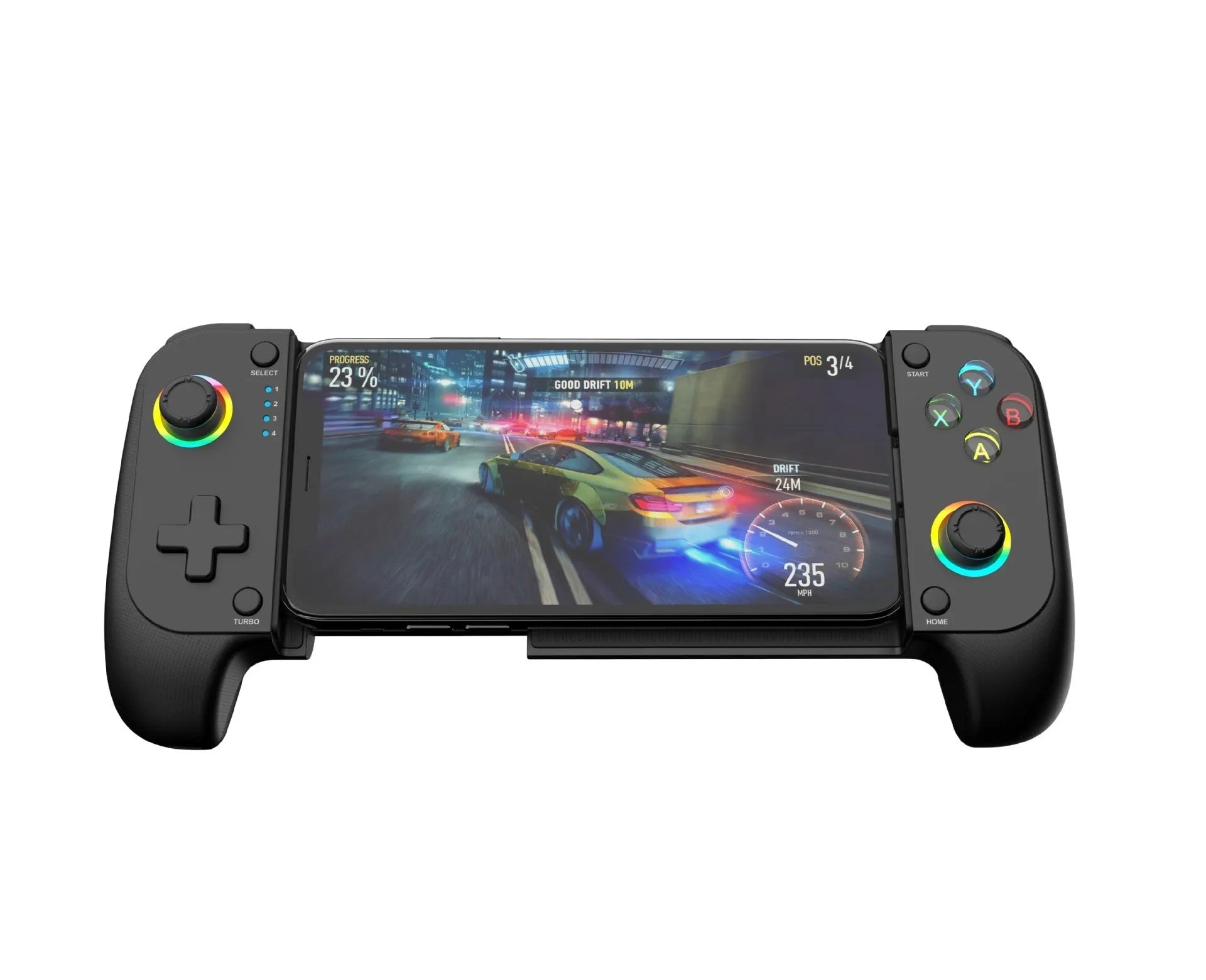 Black Bluetooth stretch game controller attached to a smartphone showing trigger buttons.