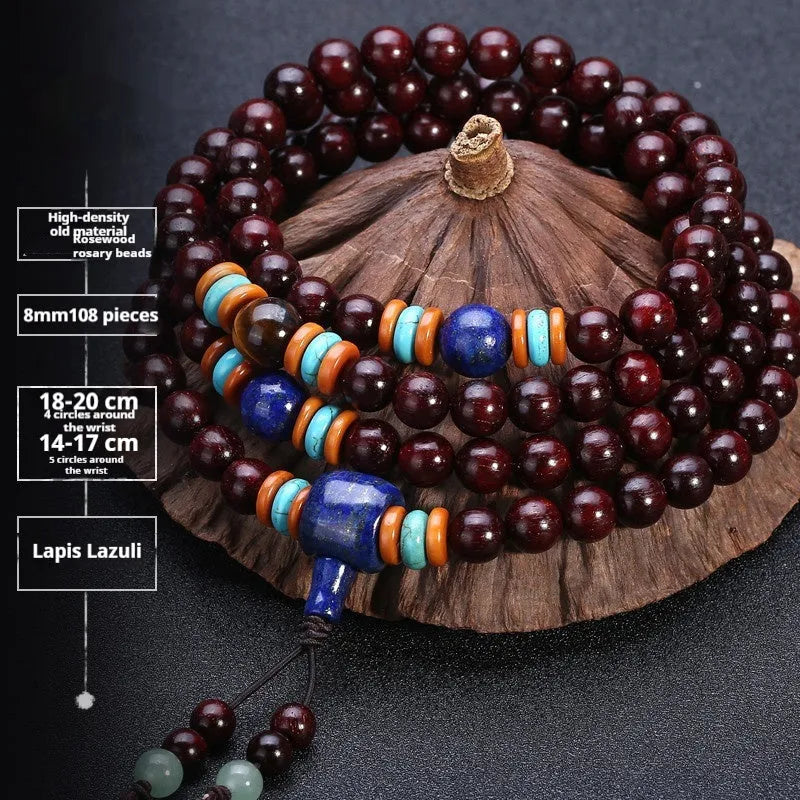 Men's rosewood bead bracelet with 108 beads, shown in a choice of lapis lazuli, turquoise, or red agate styles.