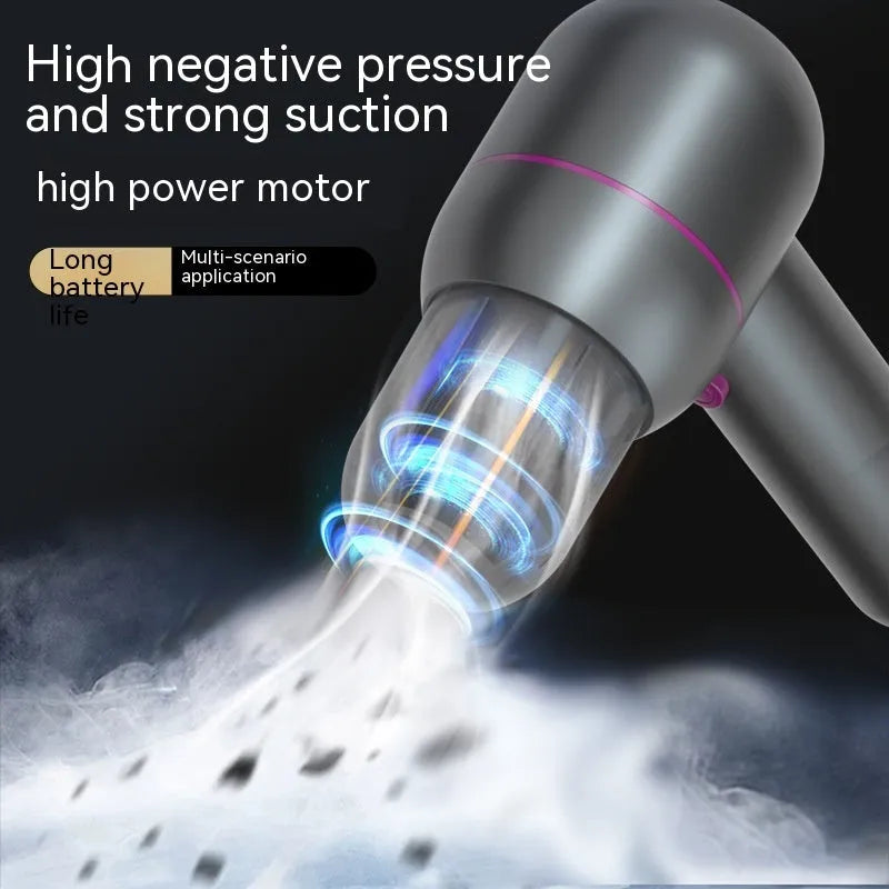 Grey handheld portable car cleaner with rechargeable battery, dust bin, and suction nozzles