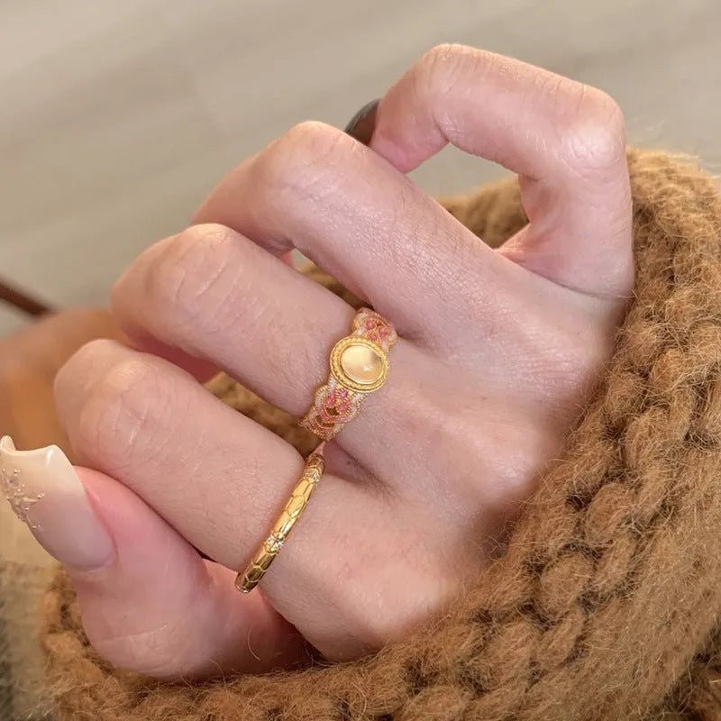 Women's geometric open mouth ring with pink crystal enamel on copper gold plating