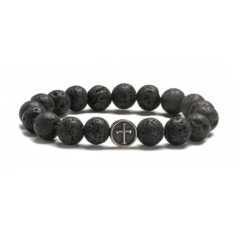 Men's agate bracelet with volcanic rock coloured geometric stones on stainless steel band