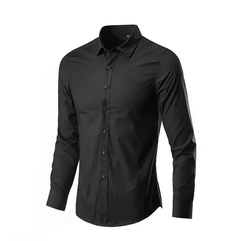 Men's loose-fit long-sleeve linen shirt shown in a neutral colour, featuring a button front and long sleeves.