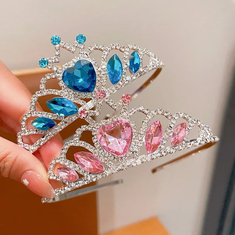 Pink crystal crown metal headband for girls, an alloy hair accessory with electroplated finish.