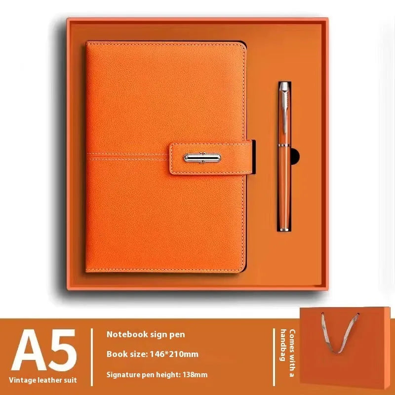 Custom A5 notebook with imitation leather cover in Business Black showing wood-free paper interior pages