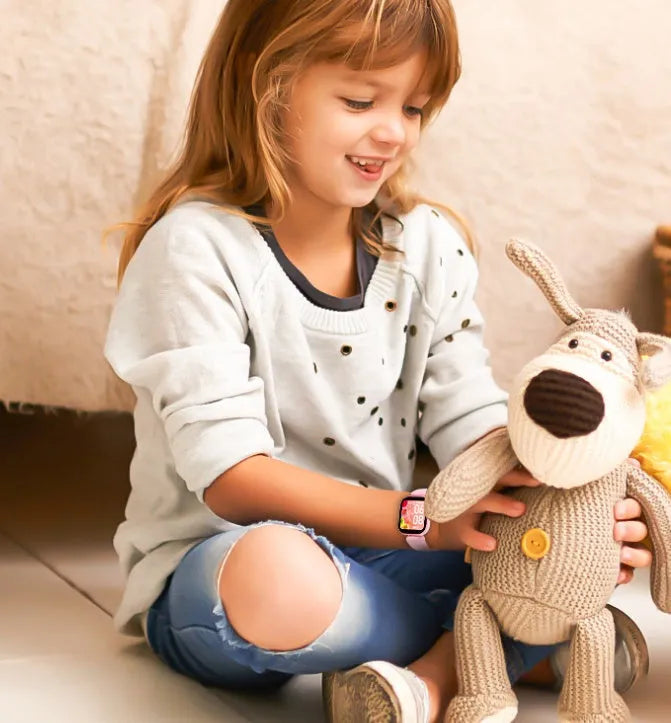 Blue H39T children's smart watch with sporty TPU strap on a wrist, showing the 1.4 inch touchscreen display.