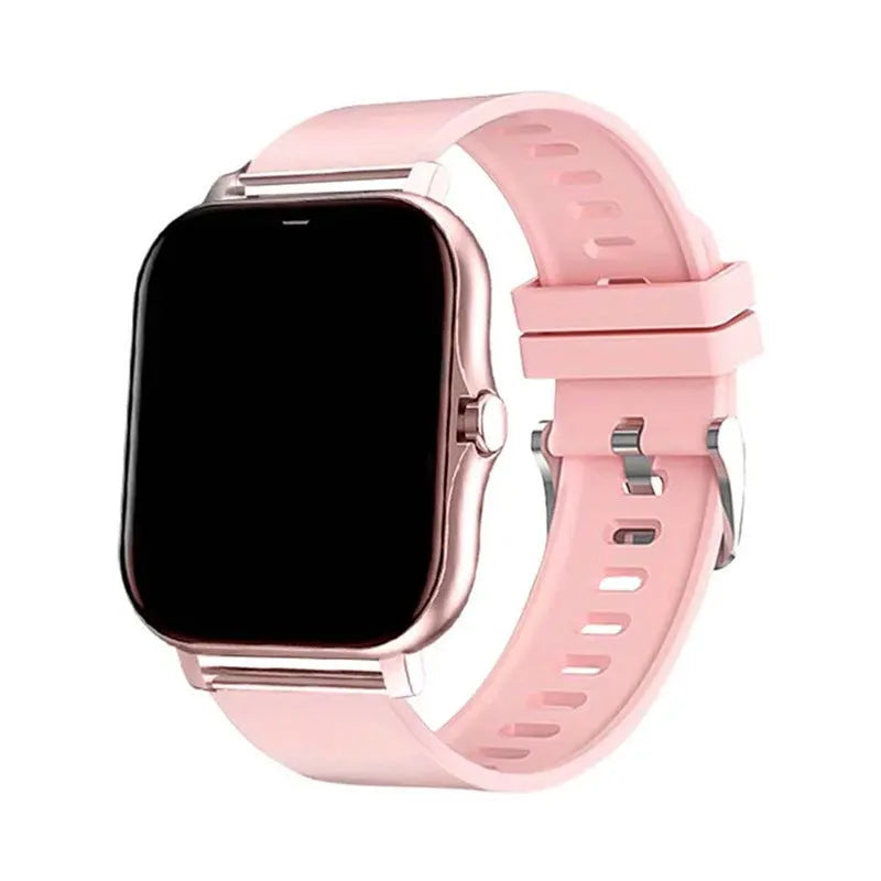 Smart watch with touch screen showing Bluetooth calling and health tracking features on silicone strap