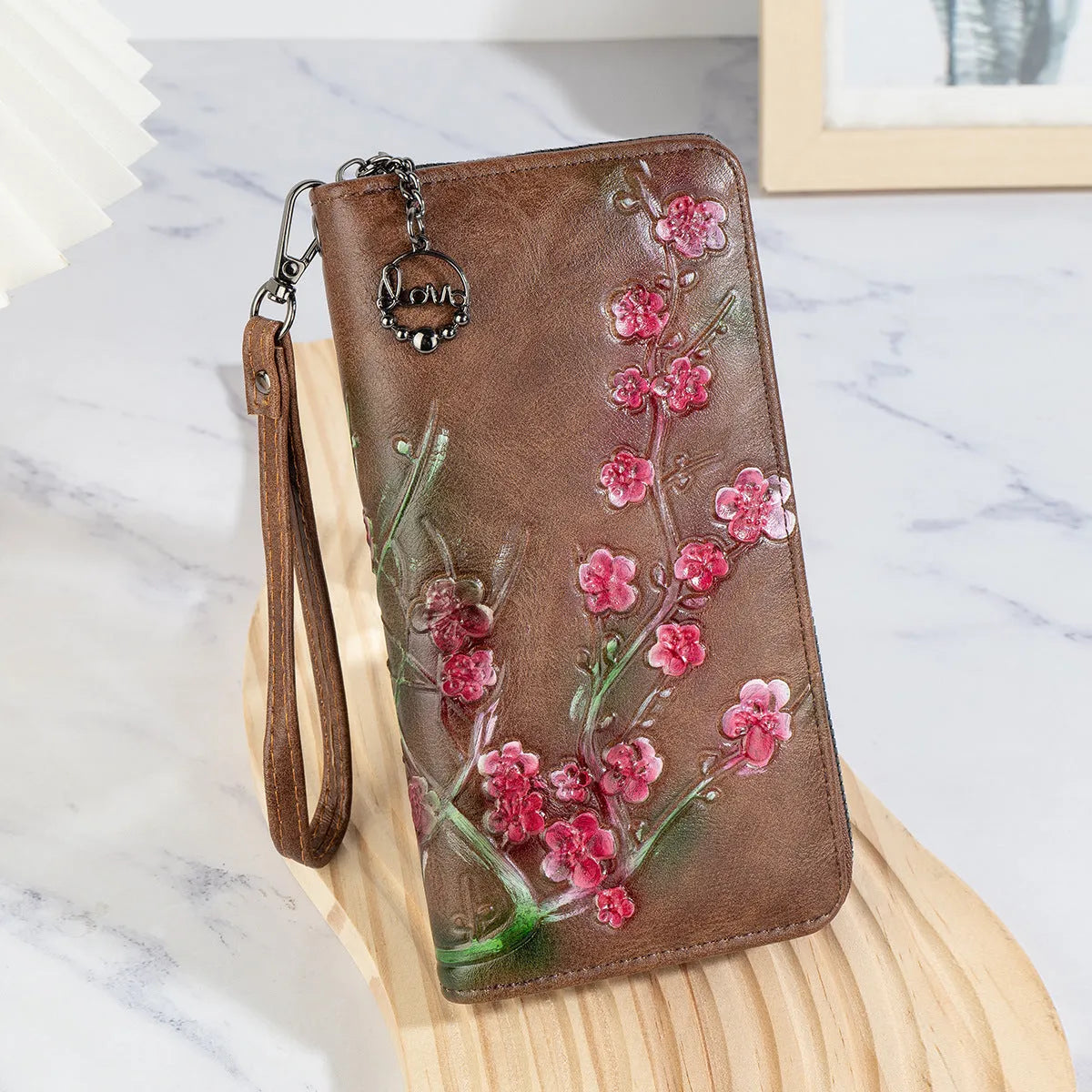 Chinese style handbag with embossed floral pattern and hand-painted design in vintage retro styling