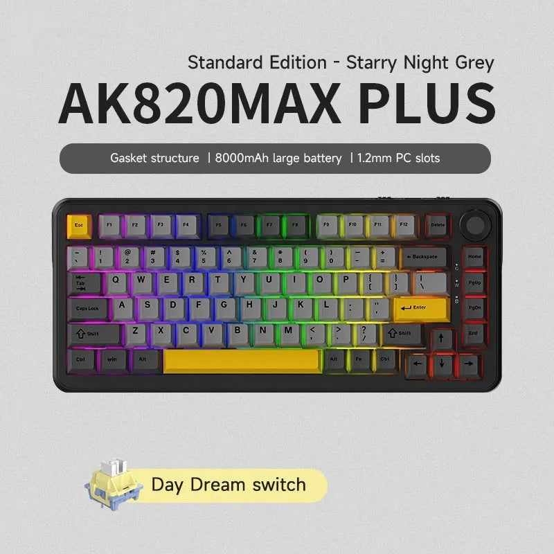 Black, grey, and yellow wireless mechanical keyboard with compact 75% layout and hot-swappable switches