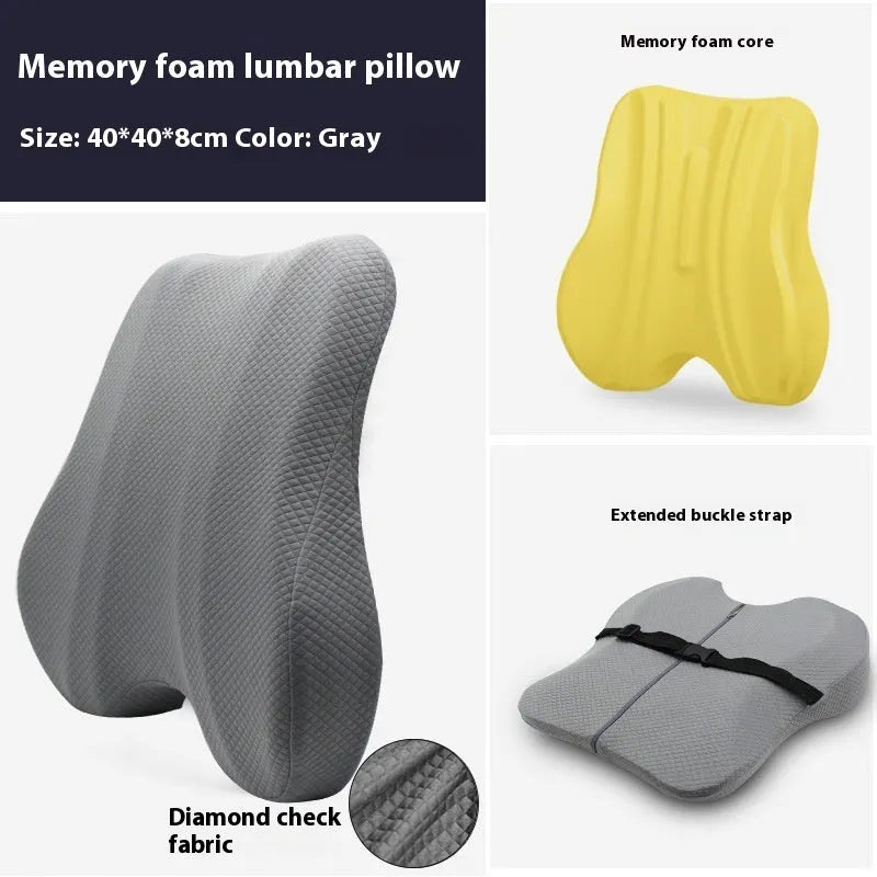 Grey lumbar support cushion for office chair, shown with pink and navy blue colour options.