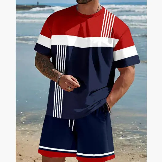 Men's loose-fit short-sleeved T-shirt and matching shorts in polyester summer leisure suit