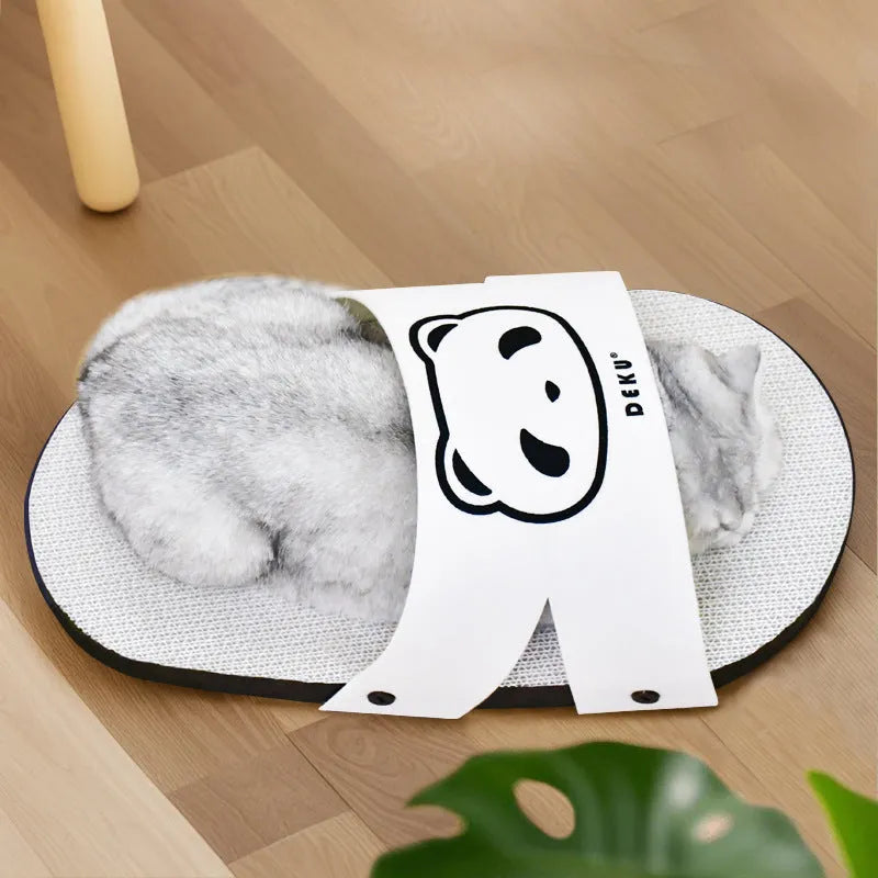 White slipper-style corrugated paper cat scratch board on floor