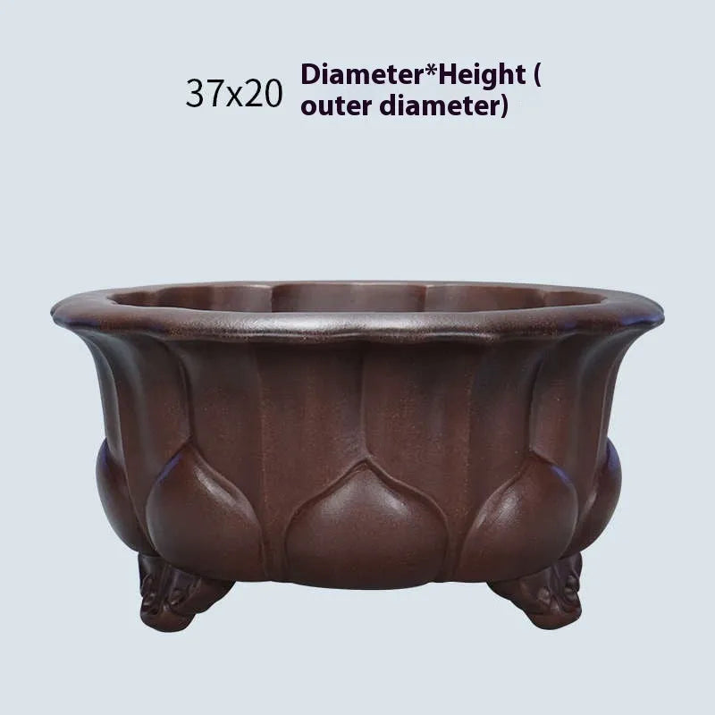 Antique purple-red mud succulent bonsai pot in classical Chinese petal basin style.