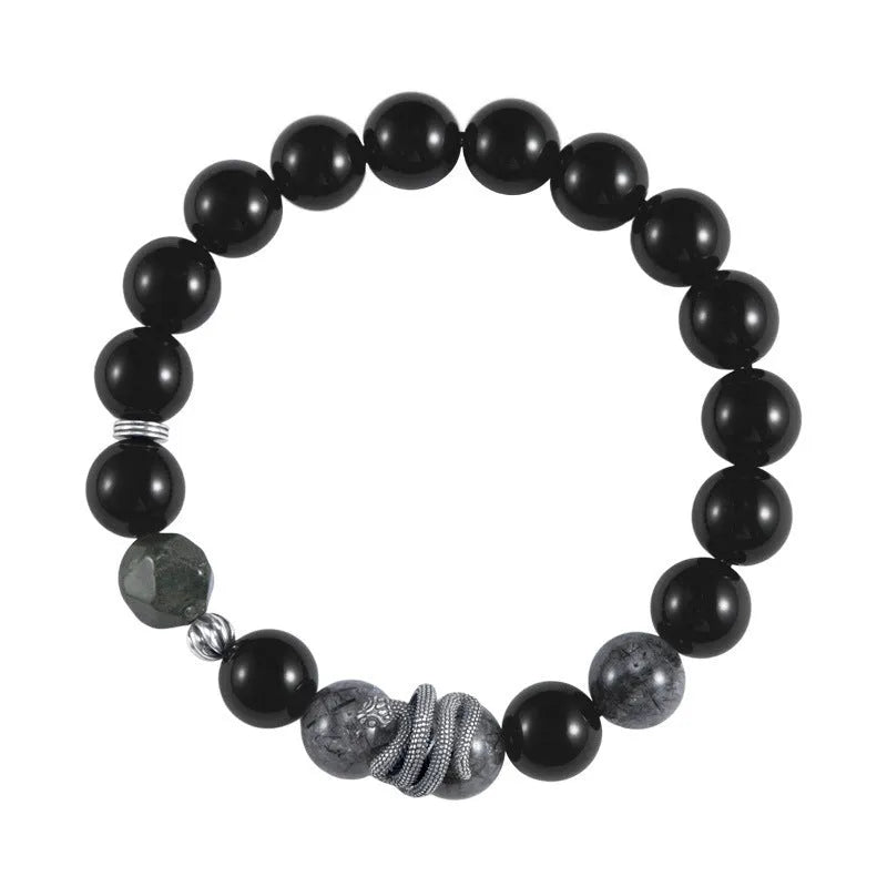 S925 sterling silver men's snake bracelet with obsidian black crystal hair design