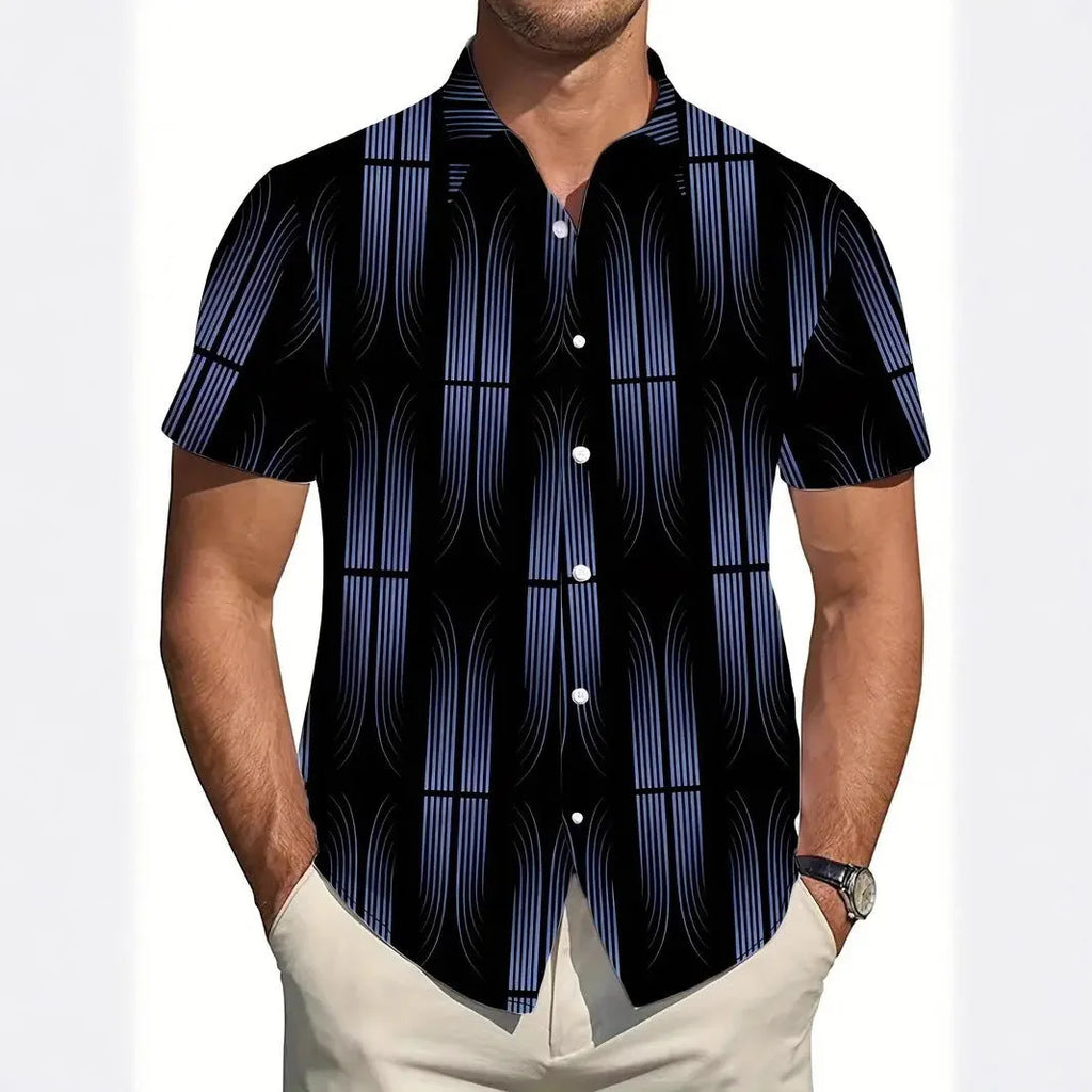Men's slim-fit short-sleeve shirt with a geometric line pattern printed on the lapel.