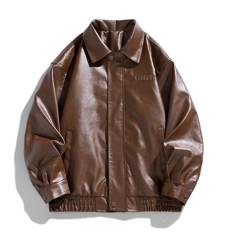 Mens slim fit corduroy rabbit hair PU leather jacket in army green, front view