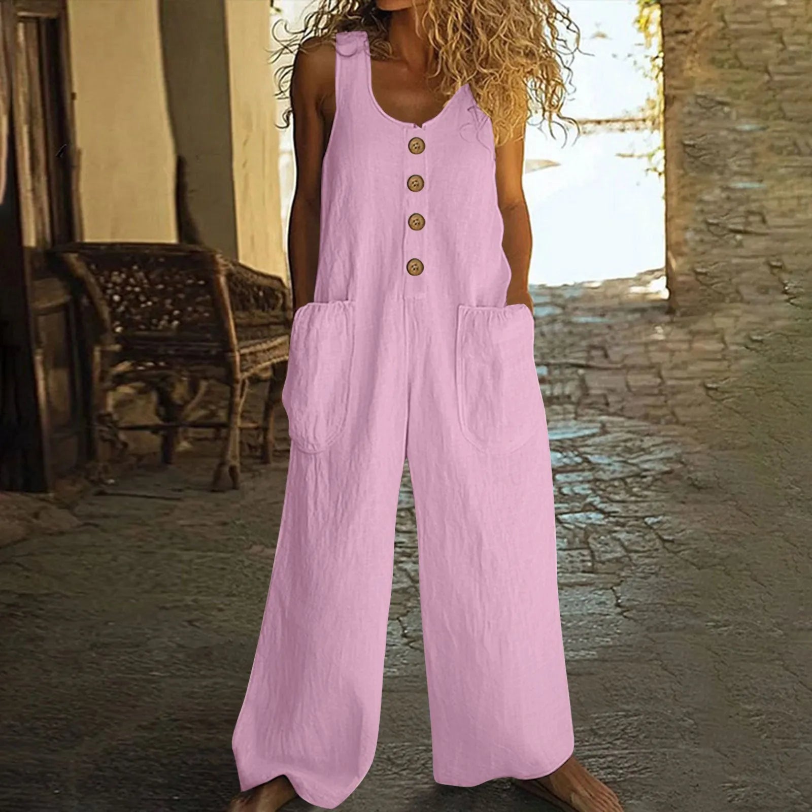 Sleeveless wide-leg cotton jumpsuit in art retro style shown in a selected colour