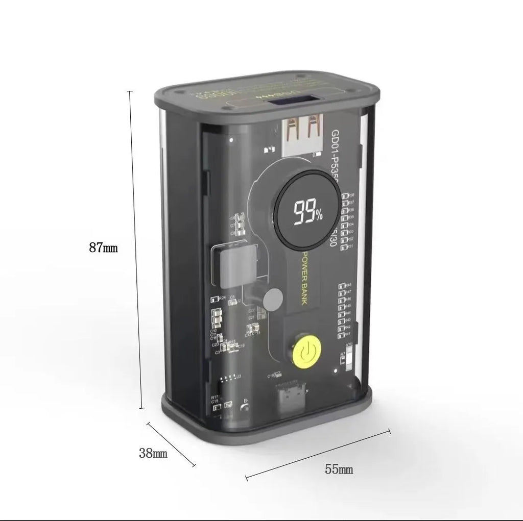 Transparent industrial power bank showing internal components with 10000mAh capacity and multi-U ports