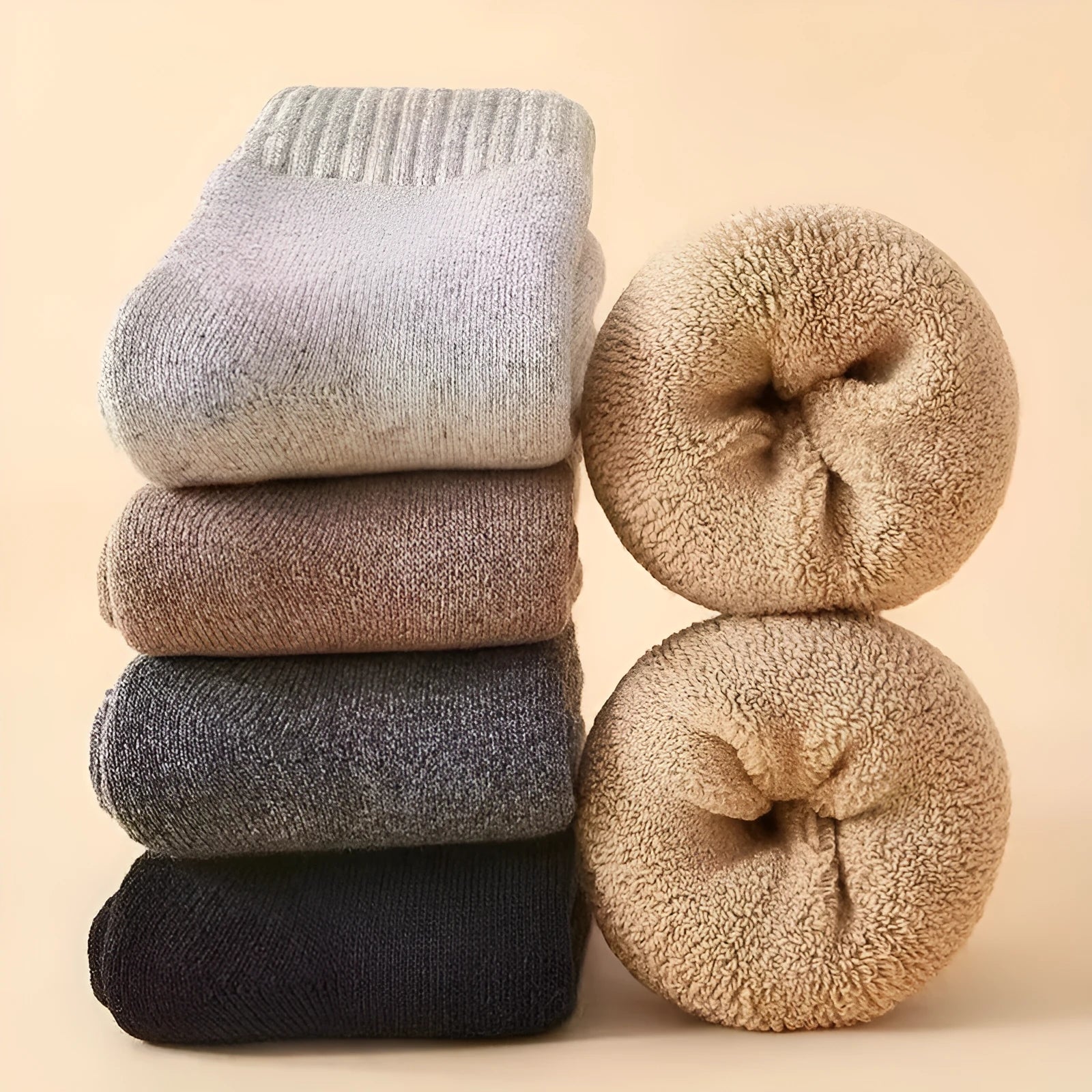 Winter wool socks with thick merino midsole in black, grey, and khaki colours