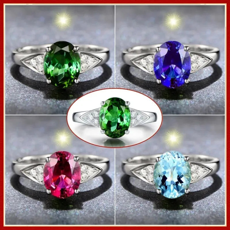 Women's blue zircon court style ring with heart, water drop, and bell pattern designs.