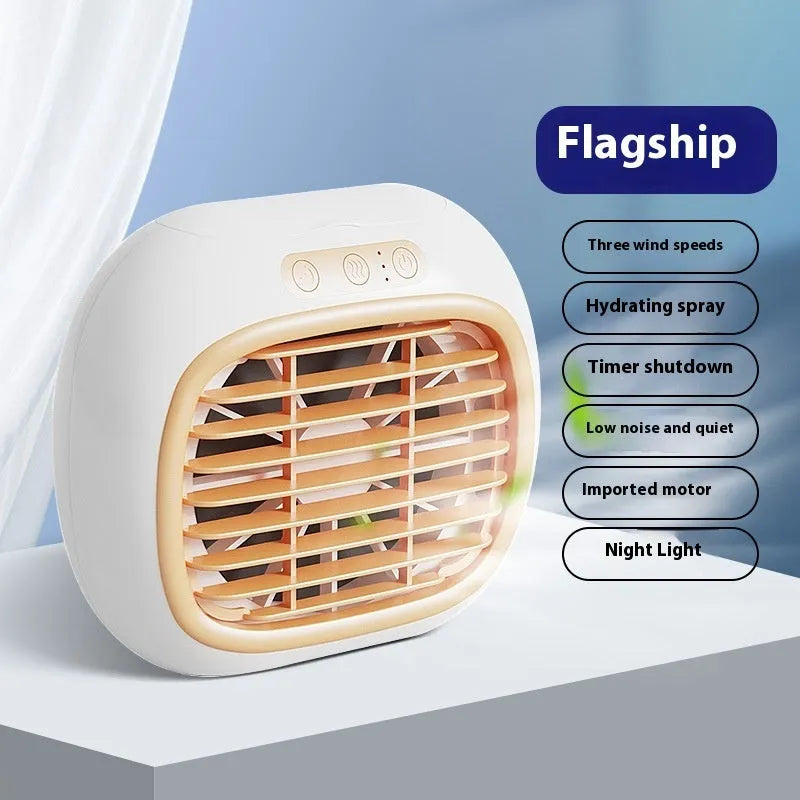 Mini USB spray air conditioner fan with 3-speed brushed motor in rose gold on a desk