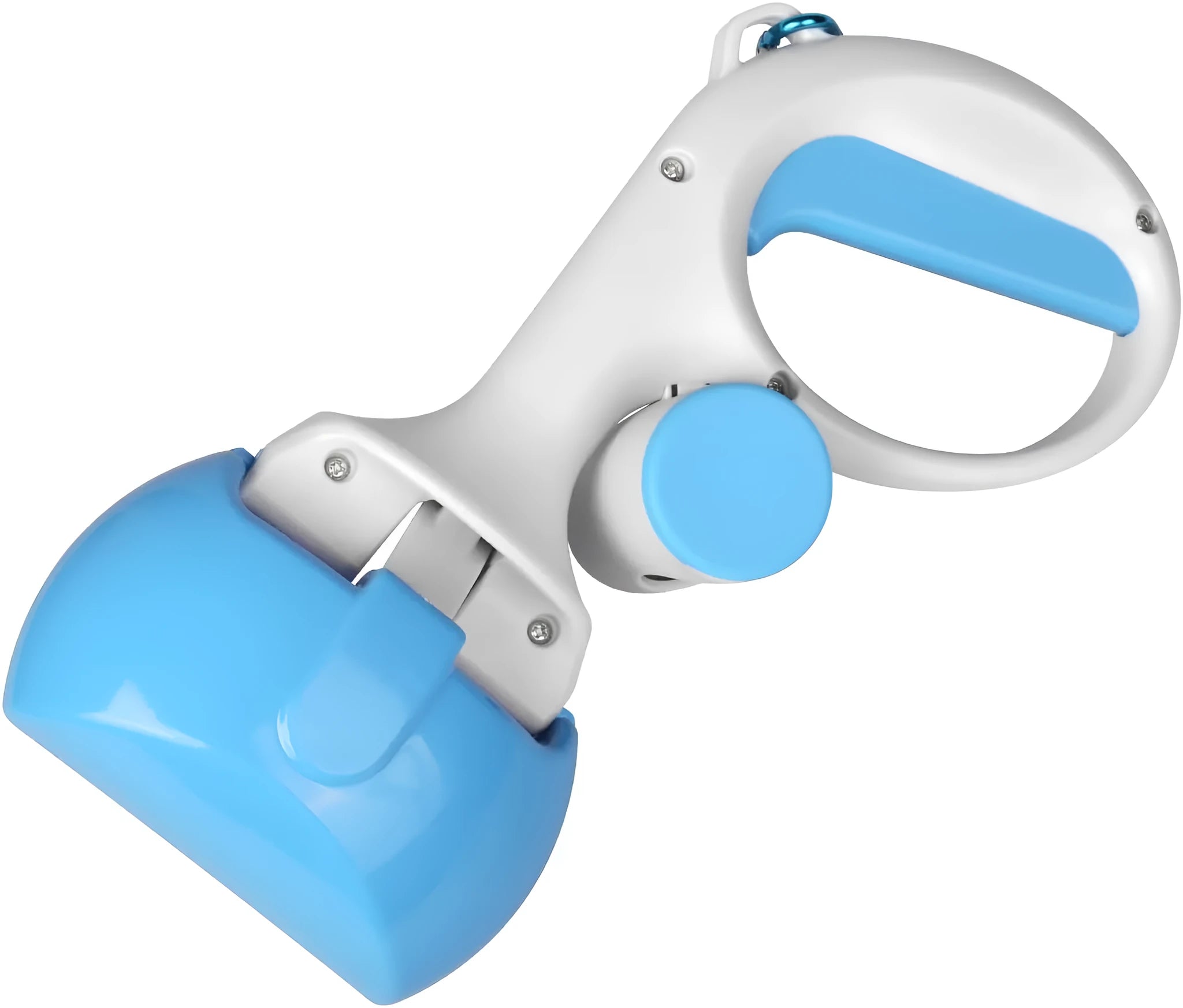 Heavy-duty ABS plastic pet pooper scooper with integrated trash bag holder in black, blue, red, or yellow.