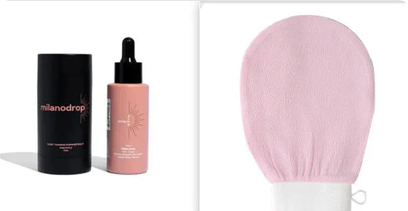 Matte sun tanning black liquid product duo showing 50ml tanning drops bottle and 75ml tanning flash cream tube