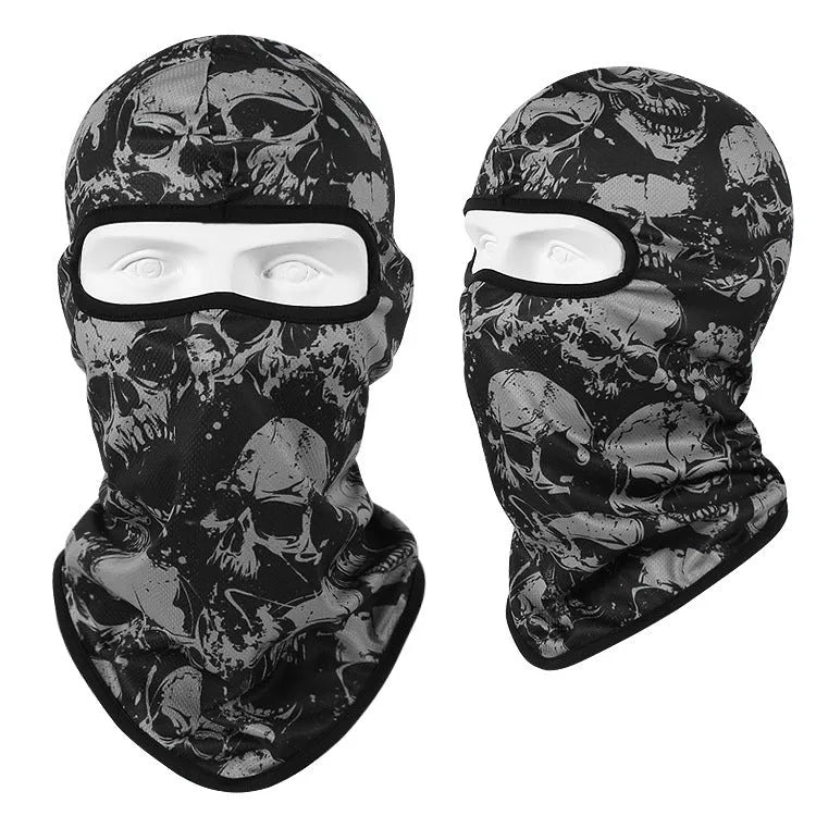 Bakool silk motorcycle skull mask in a skeleton design, sized 36cm by 29cm