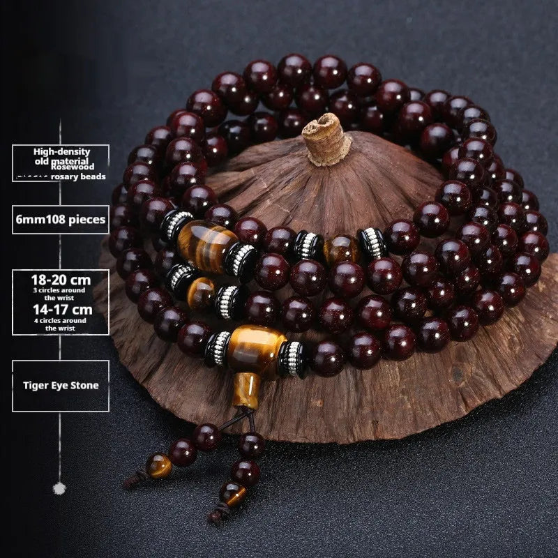 Men's rosewood bead bracelet with 108 beads, shown in a choice of lapis lazuli, turquoise, or red agate styles.