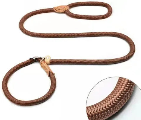 Brown nylon P chain dog leash with hand-holding rope, shown at full 2.1m length.
