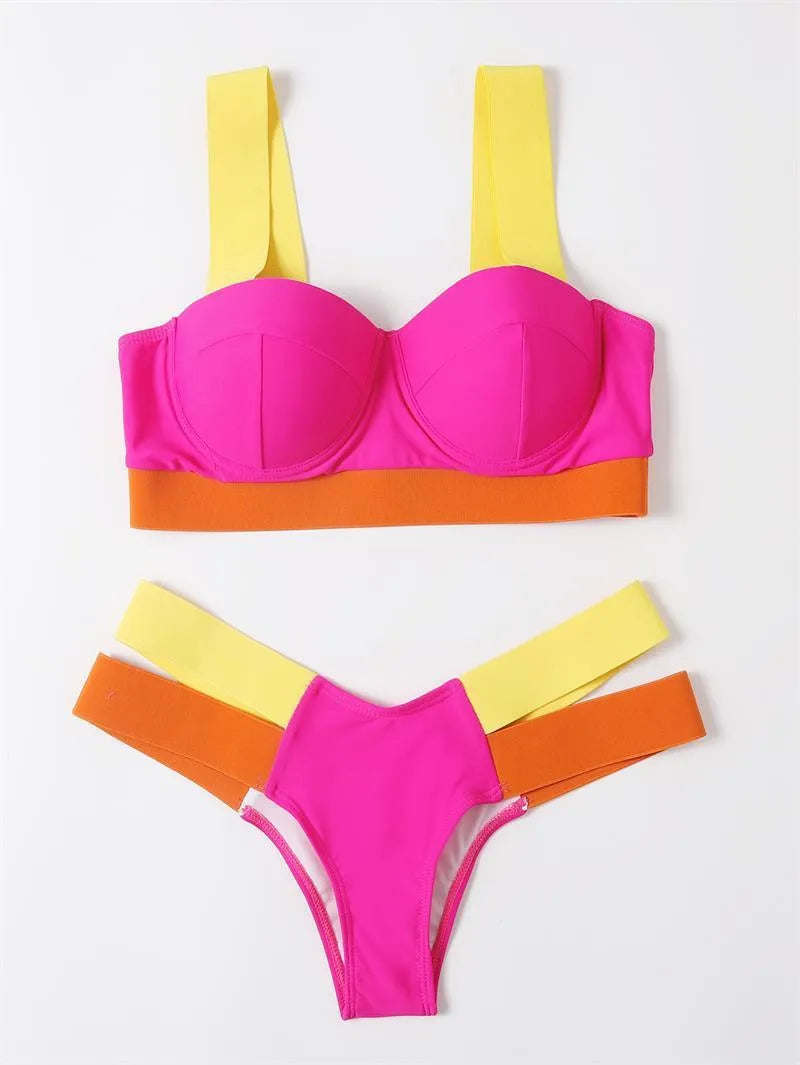 Women's contrasting colour bikini swimsuit with steel bracket push-up board in multiple colour options