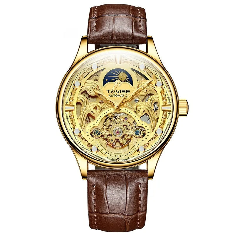 Men's gold and white leather strap automatic mechanical watch with 16mm thick case