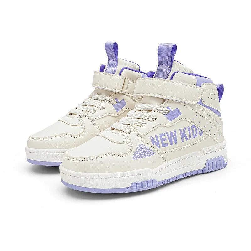 Children's street sneakers with buckle closure in beige green, blue, white and purple, or white powder.