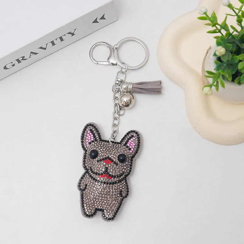 French dog rhinestone keychain with cartoon animal design, electroplated alloy construction, 5-7cm size