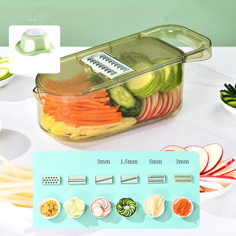 Transparent green vegetable cutter with stainless steel blades and optional drain basket